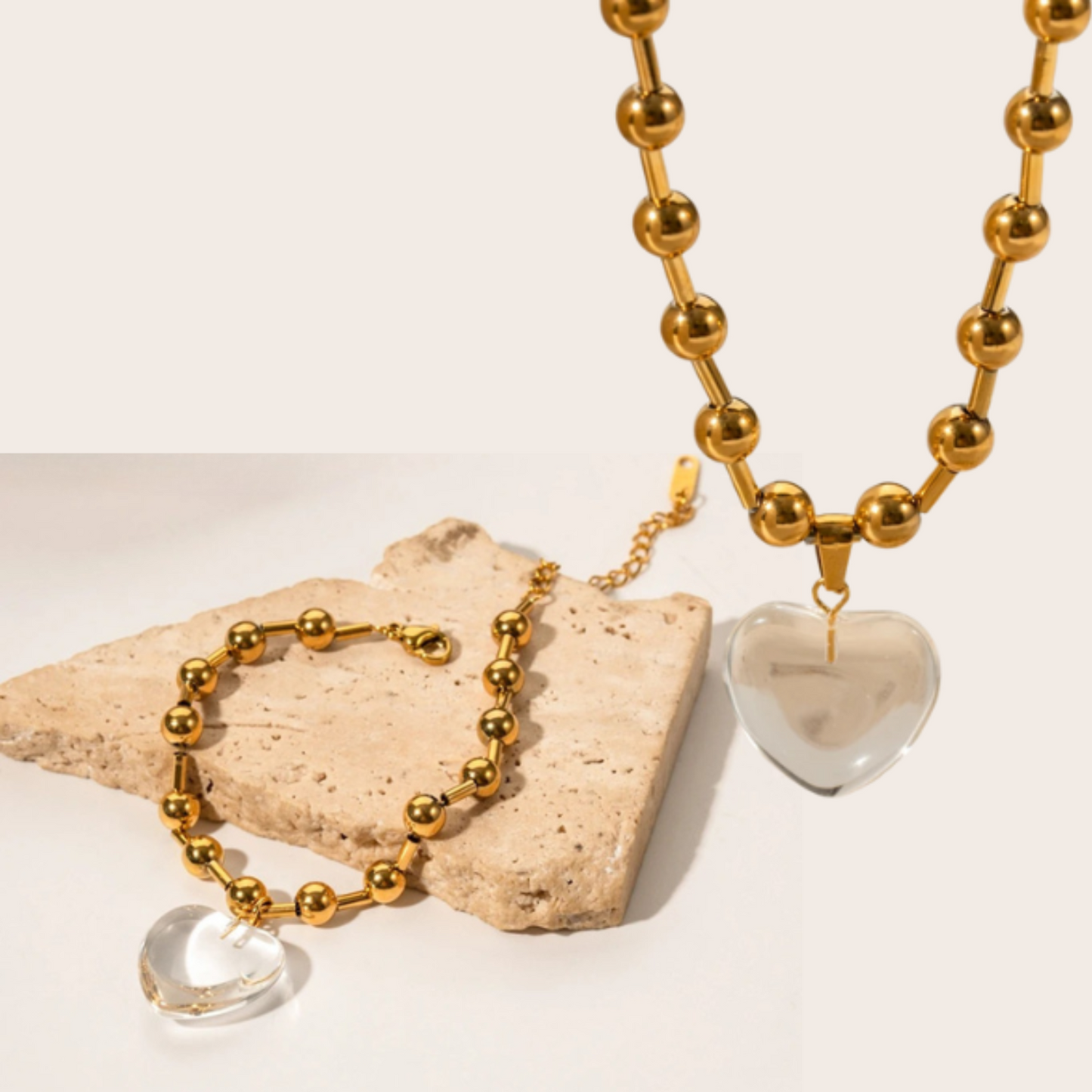 Conjunto Zyntara – Colar e Pulseira em Aço Inoxidável 316L com Corações de Cristal