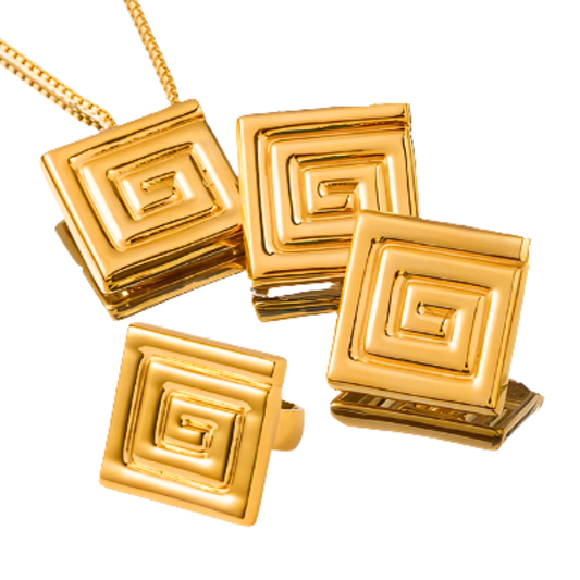 Conjunto Aurios – Brincos, Colar e Anel com Design Espiral Minimalista