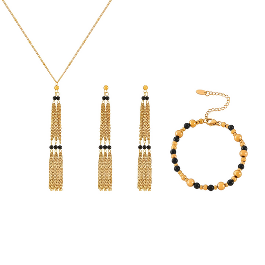 Conjunto Aurafina - Colar, Pulseira e Brincos 18K com Ágata Preta para Mulheres