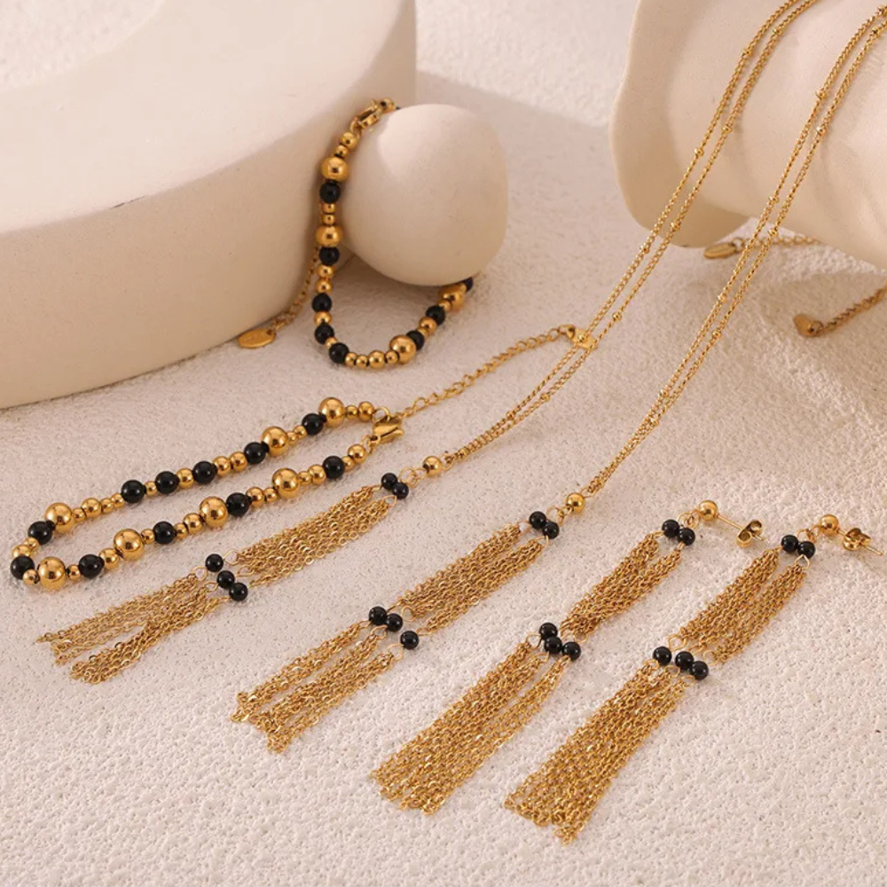 Conjunto Aurafina - Colar, Pulseira e Brincos 18K com Ágata Preta para Mulheres