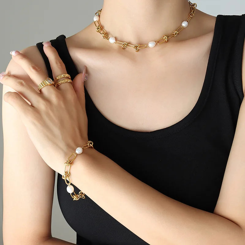 Conjunto Vivara – Colar e Pulseira em Aço Inoxidável com Pérolas Simuladas